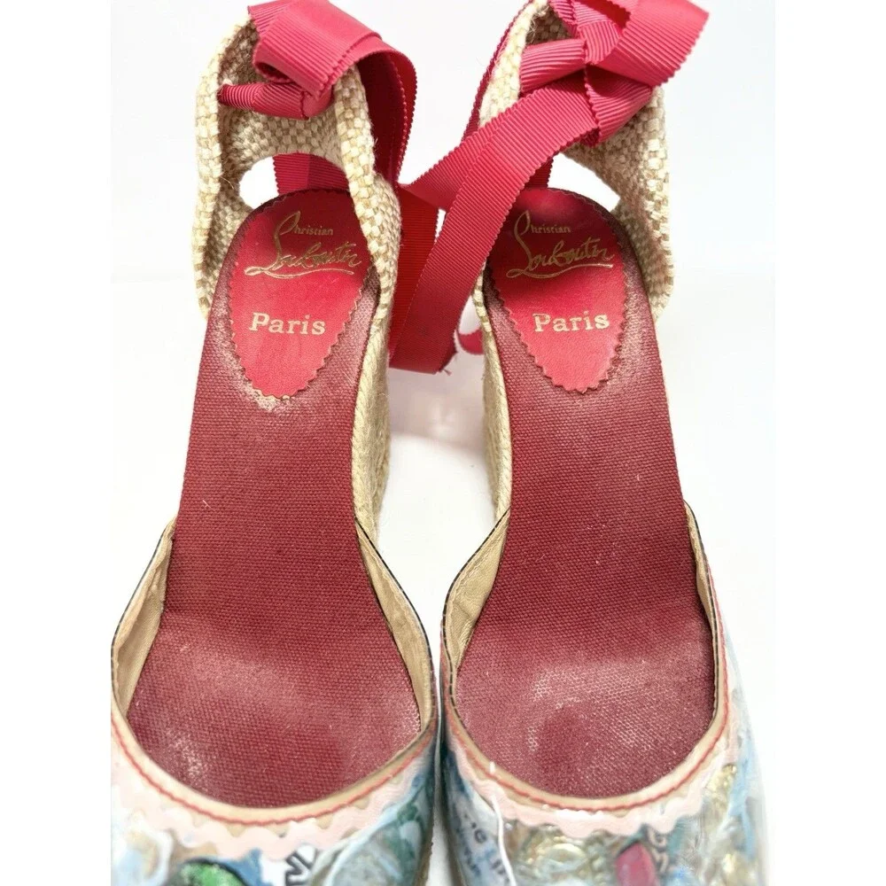 Christian Louboutin Red Ribbon Espadrille Wedge with Printed Toe